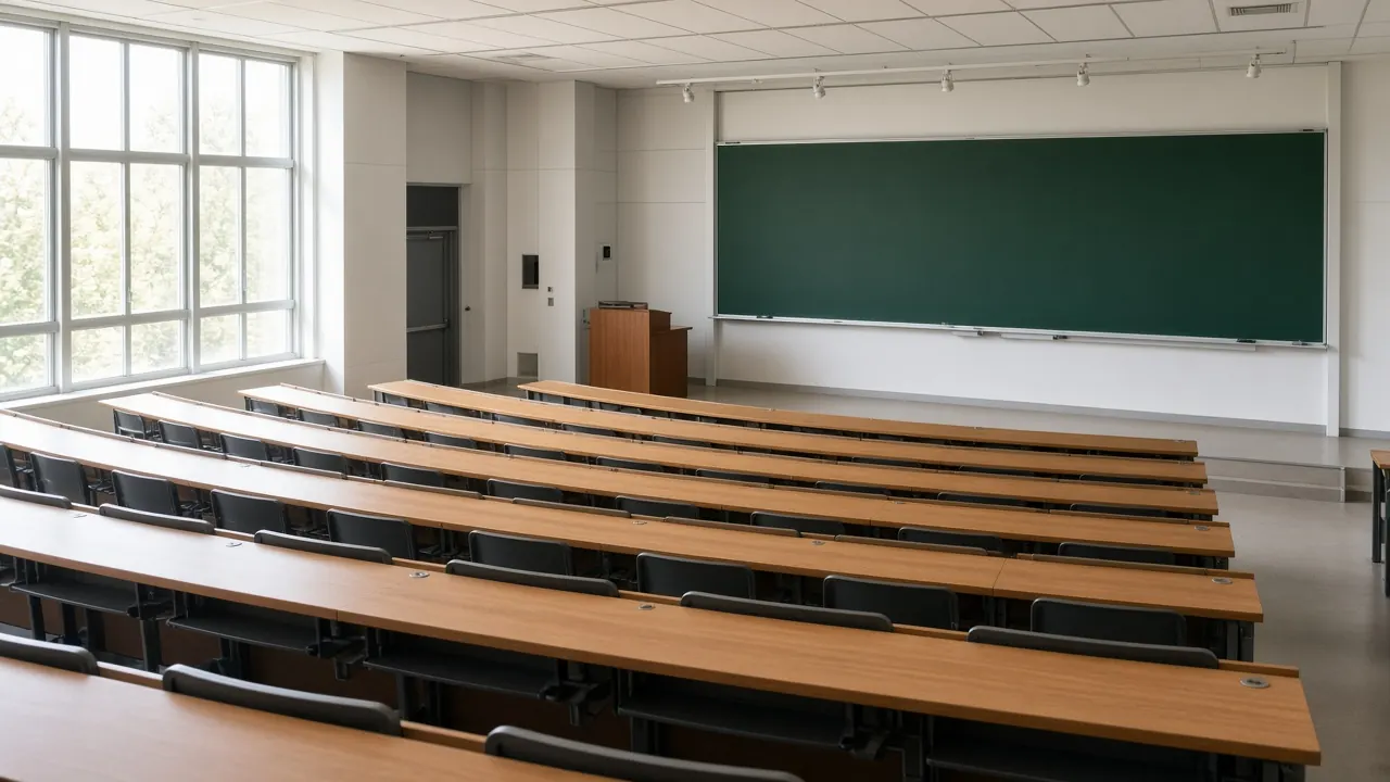 A lecture hall with rows of wooden desks facing the front of the room