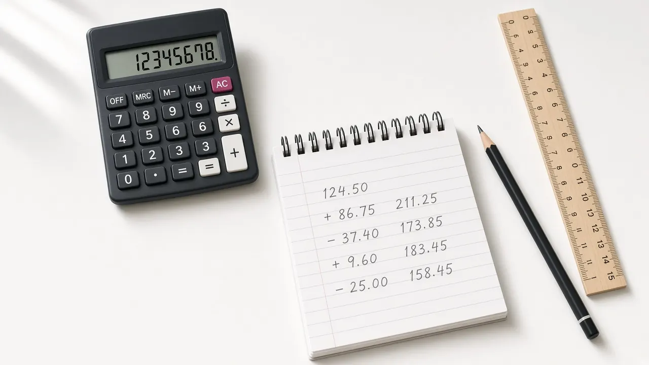 A wooden desk with a calculator, a notebook, a pen, and a cup of coffee
