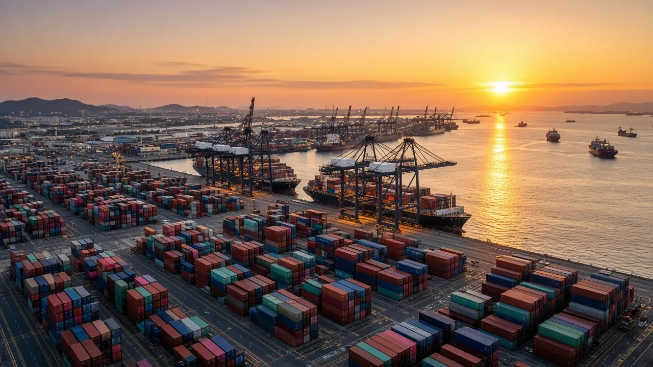 Shipping containers stacked at a port, with cranes and a cargo ship