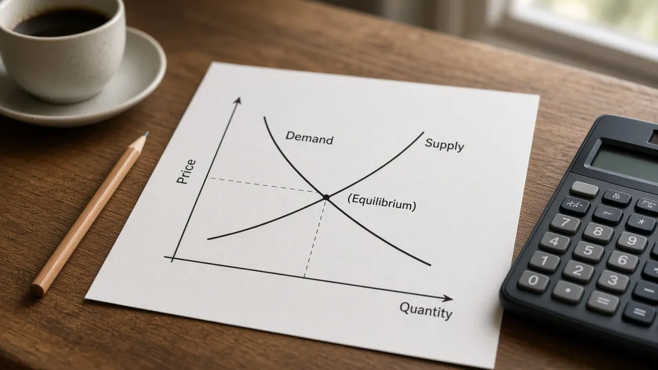 A wooden desk with a notebook, a pen, and a supply and demand sketch