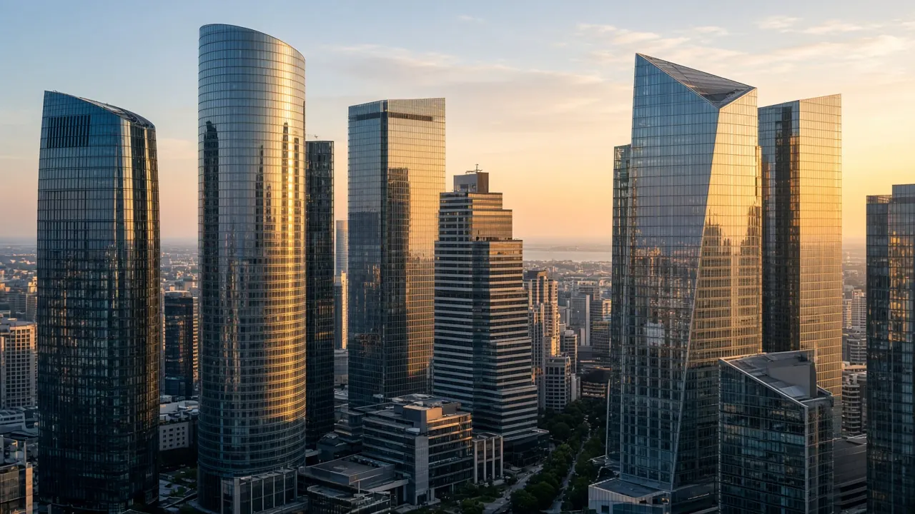 Glass and stone towers in a financial district under a cloudy sky