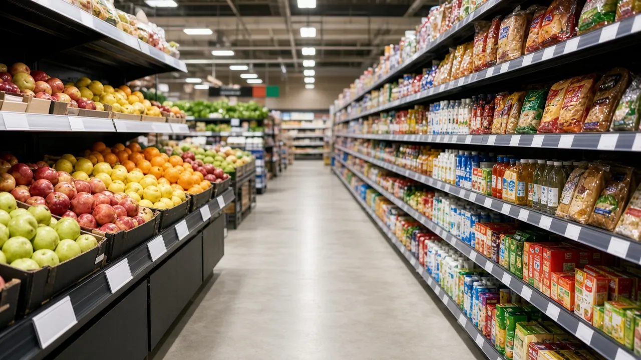 A grocery aisle with shelves of packaged food and price labels